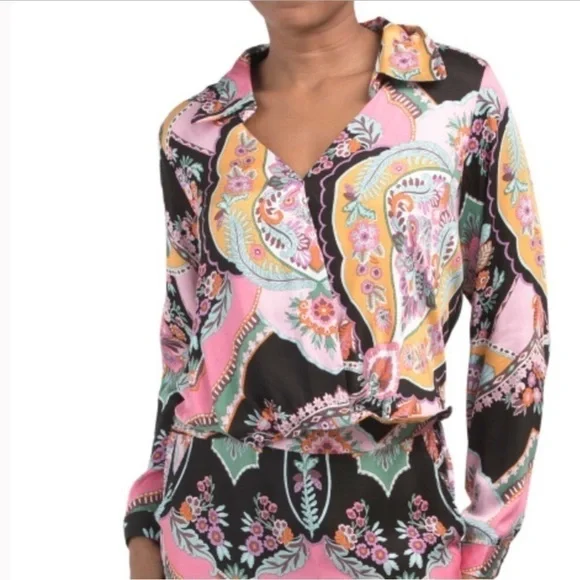 RACHEL ZOE floral print crossover front Long sleeve elasticized waist si… - Picture 1 of 8